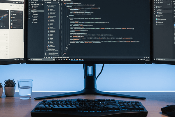Full-stack development concept with code on multiple screens